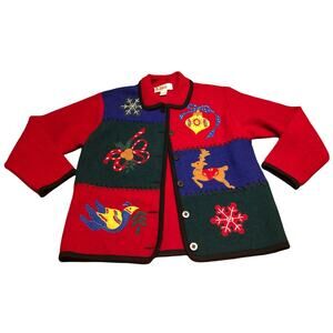 LISA INTL Sweater Womens L Boiled Wool Vintage Christmas Cardigan Cottagecore